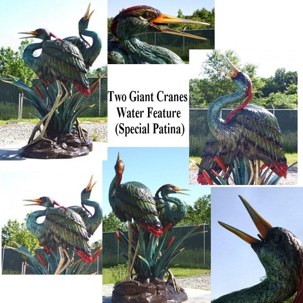 Life size bronze statue crane or heron vivid colored patina outdoor